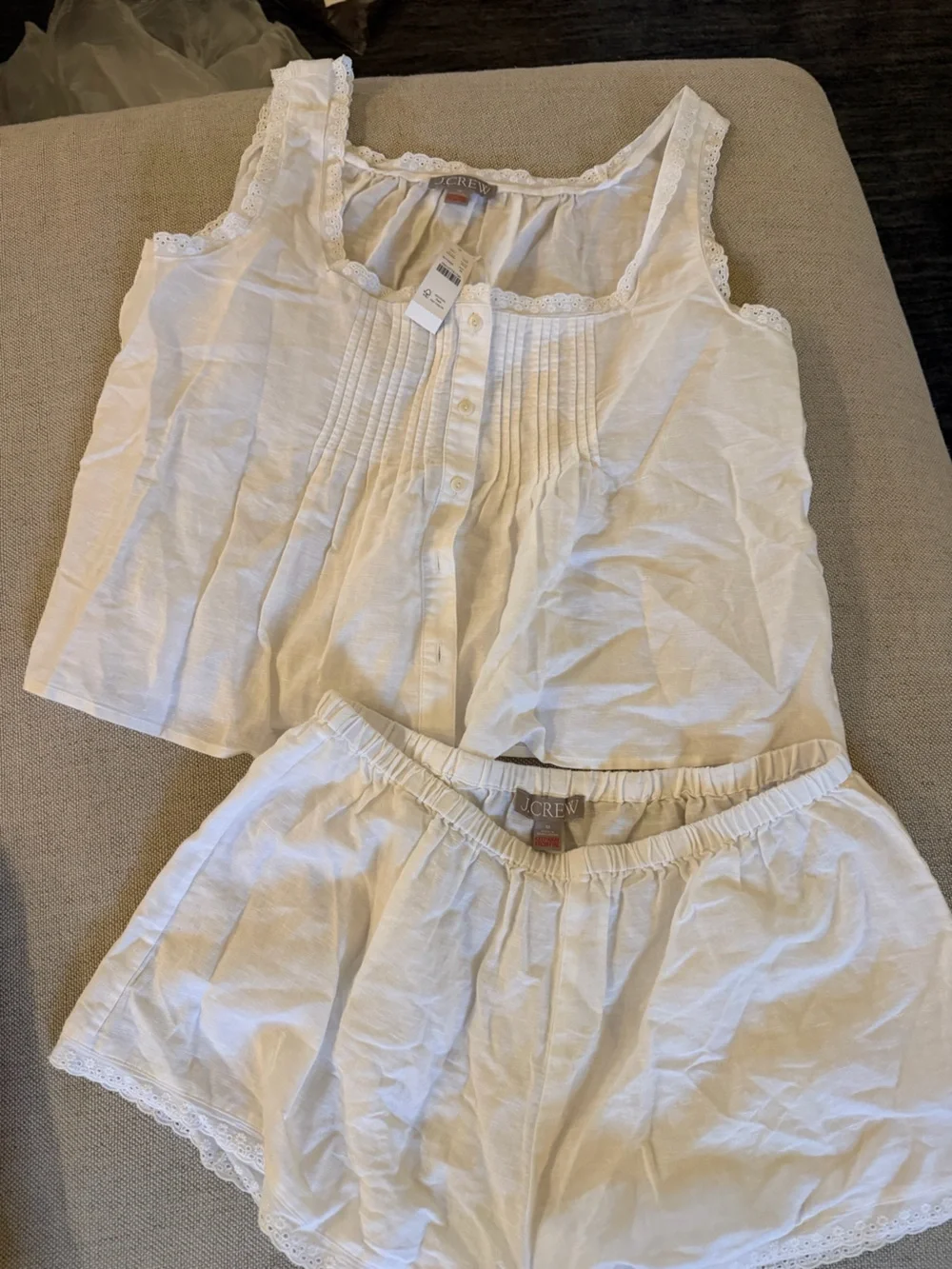 J CREW MEDIUM Lace-trim camisole and pajama short set linen-cotton blend CK350